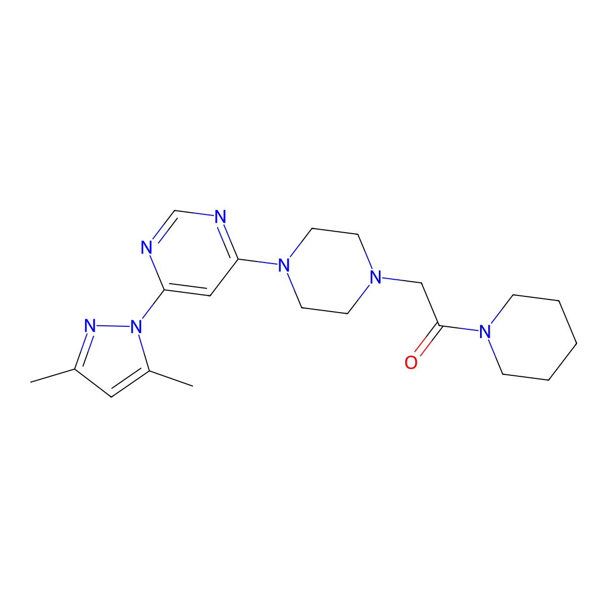 2-{4-[6-(3,5-dimethyl-1H-pyrazol-1-yl)pyrimidin-4-yl]piperazin-1-yl}-1-(piperidin-1-yl)ethan-1-one molecular structure, CAS 2640845-36-7