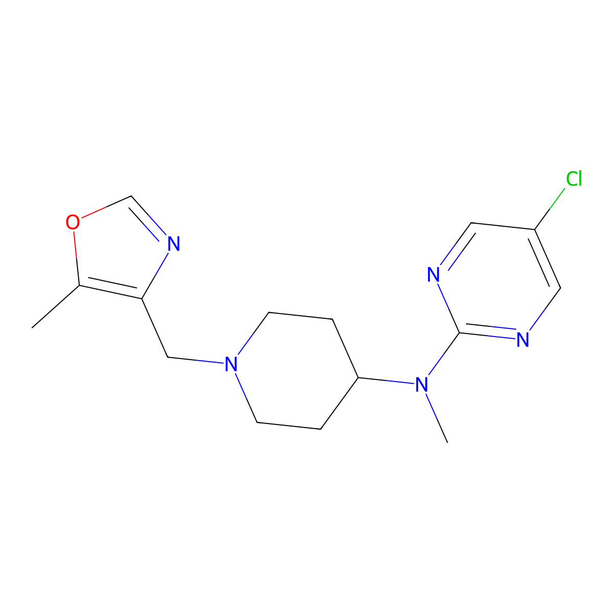 5-chloro-N-methyl-N-{1-[(5-methyl-1,3-oxazol-4-yl)methyl]piperidin-4-yl}pyrimidin-2-amine molecular structure, CAS 2640845-40-3