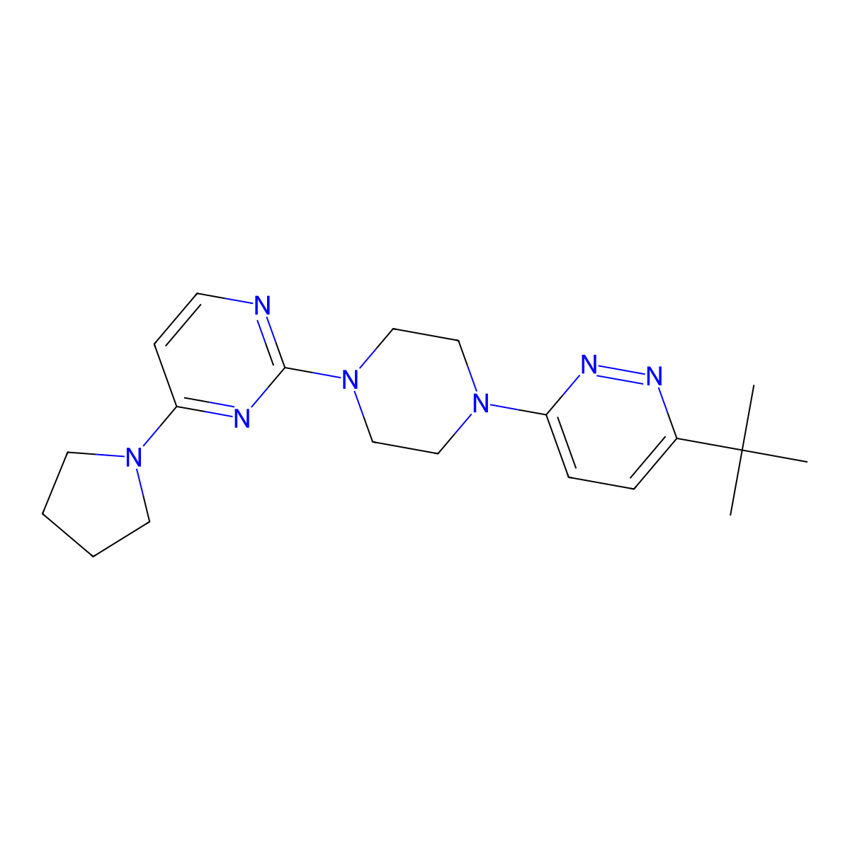 2-[4-(6-Tert-butylpyridazin-3-yl)piperazin-1-yl]-4-(pyrrolidin-1-yl)pyrimidine molecular structure, CAS 2640845-43-6