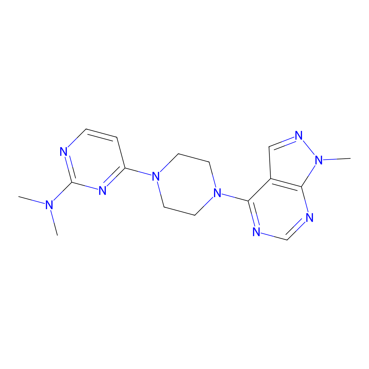 N,N-dimethyl-4-(4-{1-methyl-1H-pyrazolo[3,4-d]pyrimidin-4-yl}piperazin-1-yl)pyrimidin-2-amine molecular structure, CAS 2640845-48-1