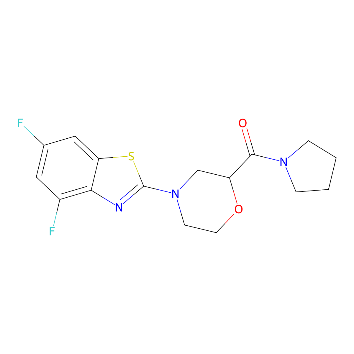 4,6-Difluoro-2-[2-(pyrrolidine-1-carbonyl)morpholin-4-yl]-1,3-benzothiazole molecular structure, CAS 2640845-50-5