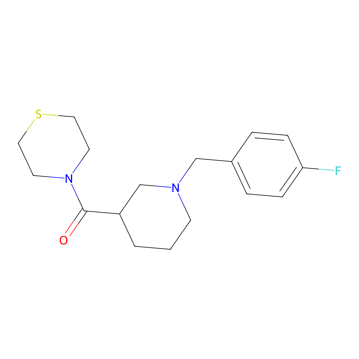 4-{1-[(4-Fluorophenyl)methyl]piperidine-3-carbonyl}thiomorpholine molecular structure, CAS 2640845-52-7