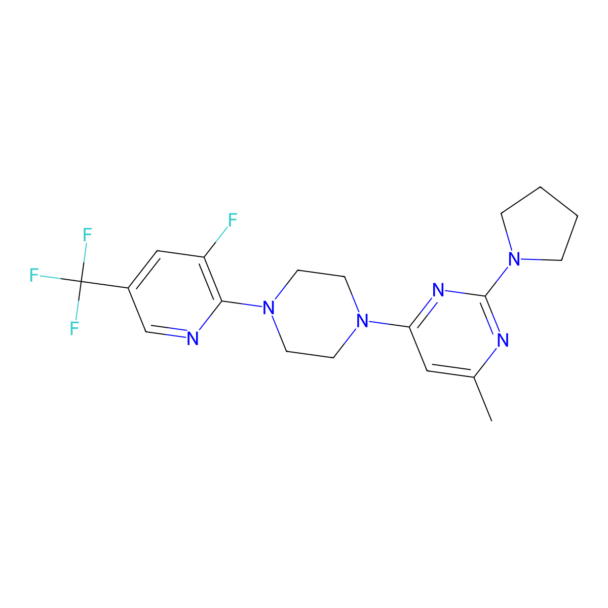 4-{4-[3-Fluoro-5-(trifluoromethyl)pyridin-2-yl]piperazin-1-yl}-6-methyl-2-(pyrrolidin-1-yl)pyrimidine molecular structure, CAS 2640845-53-8
