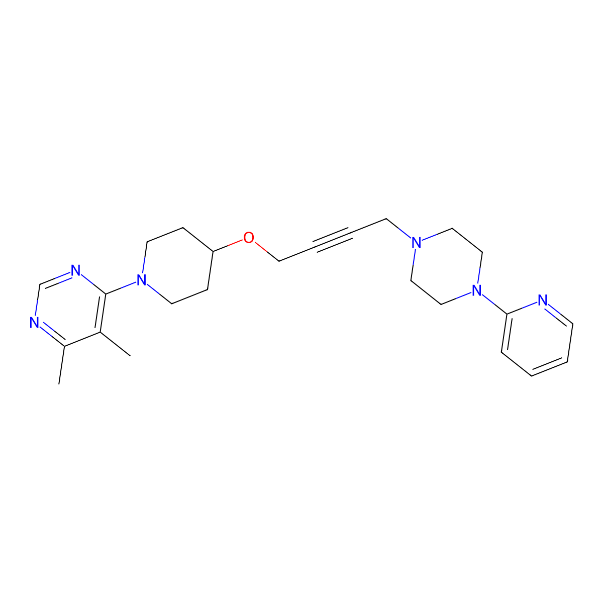 4,5-Dimethyl-6-[4-({4-[4-(pyridin-2-yl)piperazin-1-yl]but-2-yn-1-yl}oxy)piperidin-1-yl]pyrimidine molecular structure, CAS 2640845-54-9