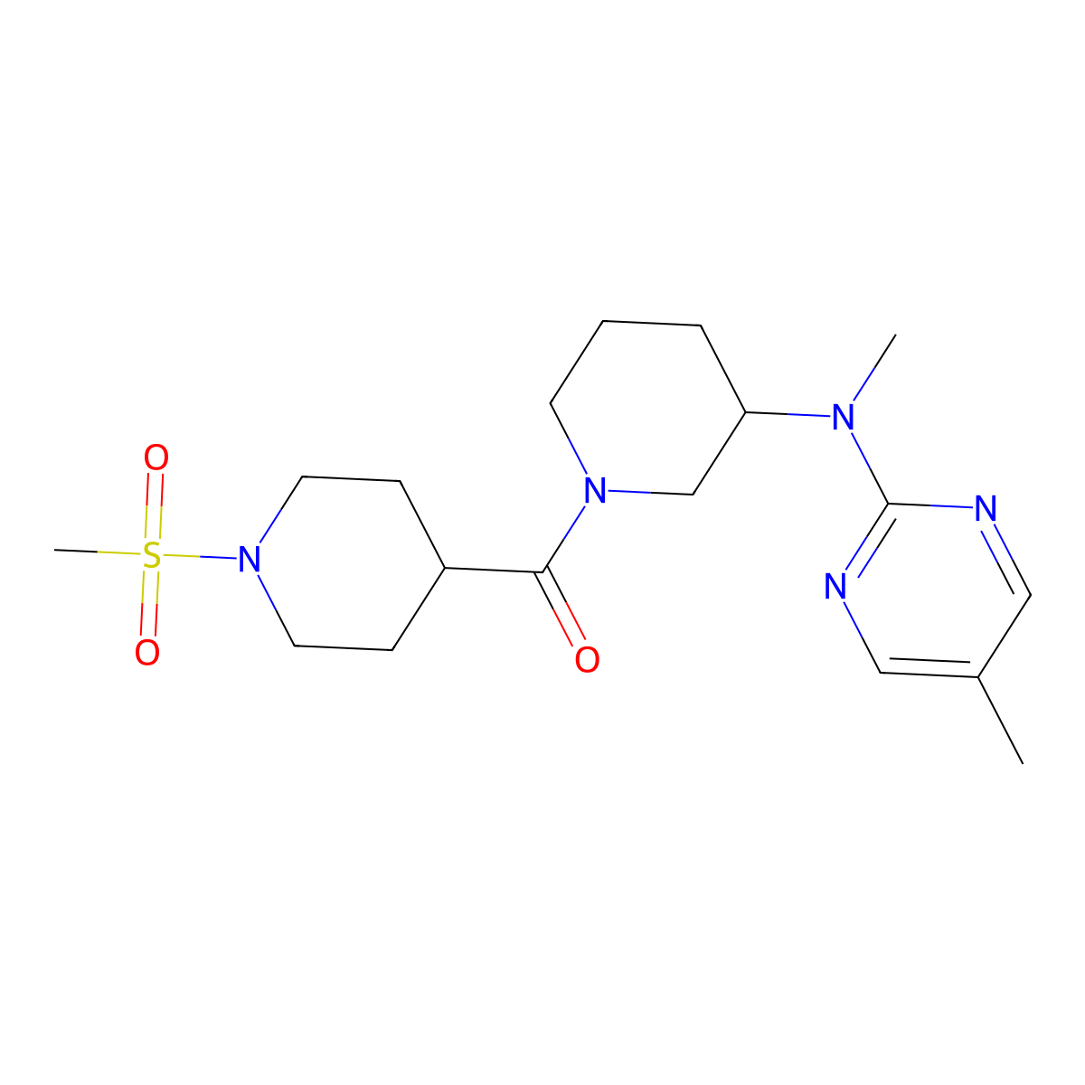 N-[1-(1-methanesulfonylpiperidine-4-carbonyl)piperidin-3-yl]-N,5-dimethylpyrimidin-2-amine molecular structure, CAS 2640845-55-0