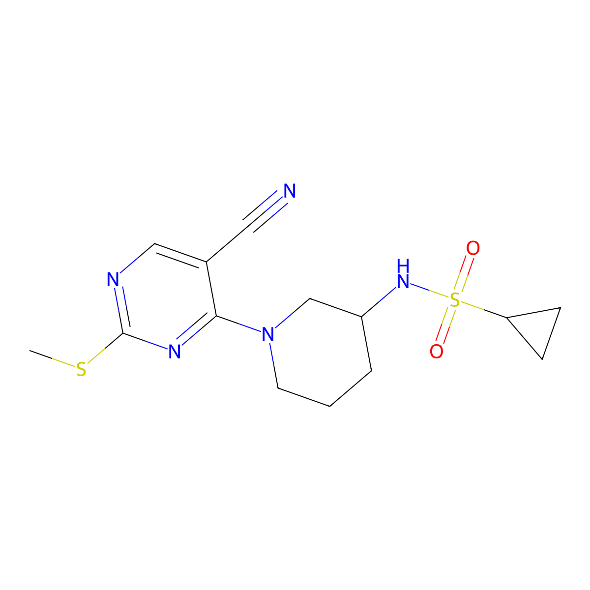 N-{1-[5-cyano-2-(methylsulfanyl)pyrimidin-4-yl]piperidin-3-yl}cyclopropanesulfonamide molecular structure, CAS 2640845-63-0