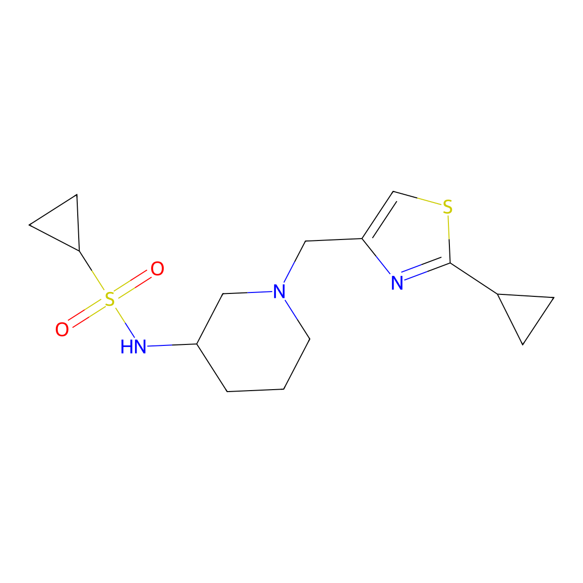 N-{1-[(2-cyclopropyl-1,3-thiazol-4-yl)methyl]piperidin-3-yl}cyclopropanesulfonamide molecular structure, CAS 2640845-65-2