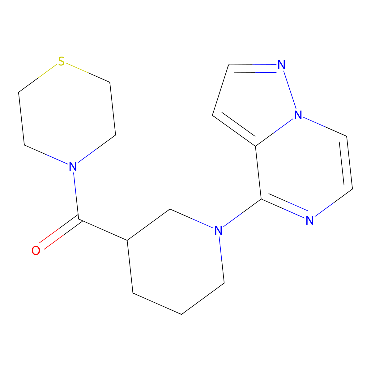 4-(1-{Pyrazolo[1,5-a]pyrazin-4-yl}piperidine-3-carbonyl)thiomorpholine molecular structure, CAS 2640845-73-2