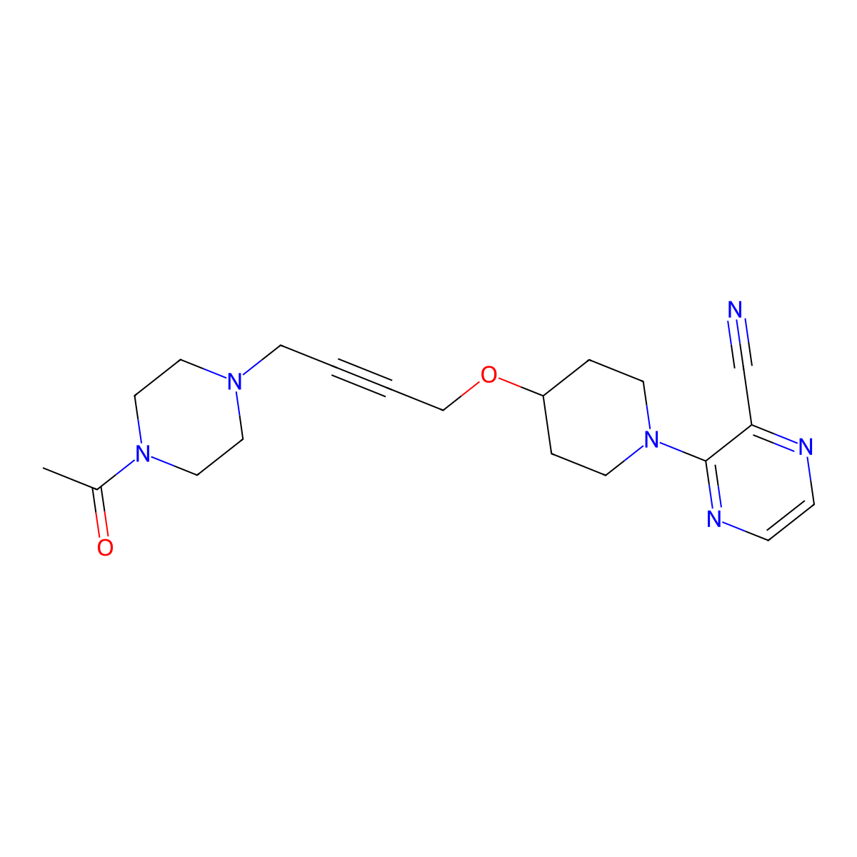 3-(4-{[4-(4-Acetylpiperazin-1-yl)but-2-yn-1-yl]oxy}piperidin-1-yl)pyrazine-2-carbonitrile molecular structure, CAS 2640845-79-8