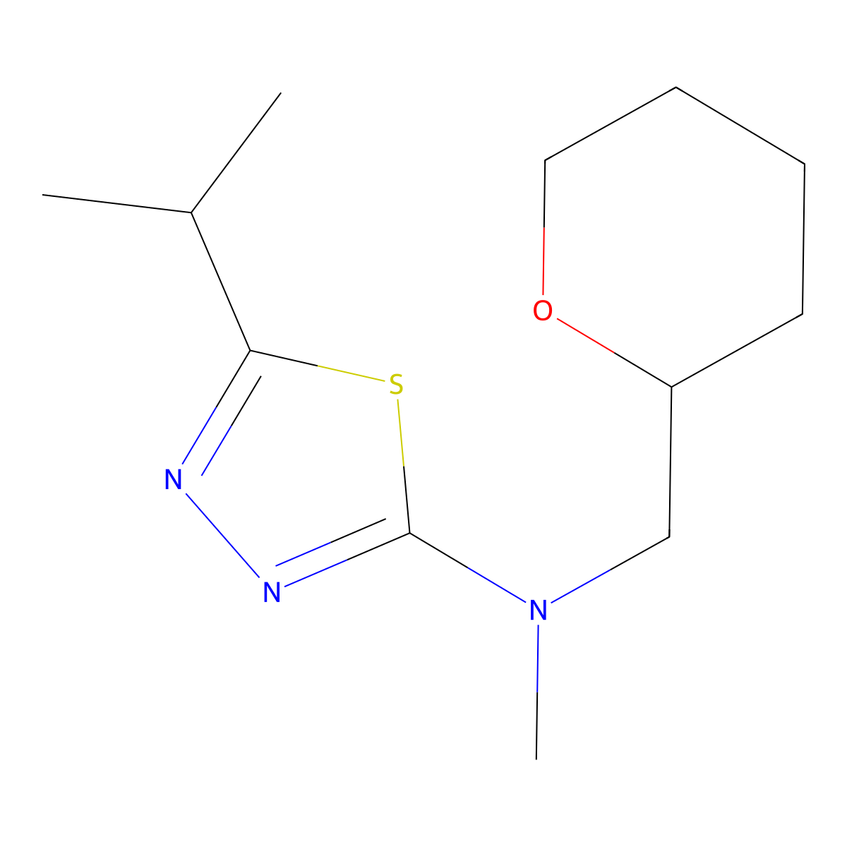 N-methyl-N-[(oxan-2-yl)methyl]-5-(propan-2-yl)-1,3,4-thiadiazol-2-amine molecular structure, CAS 2640845-87-8