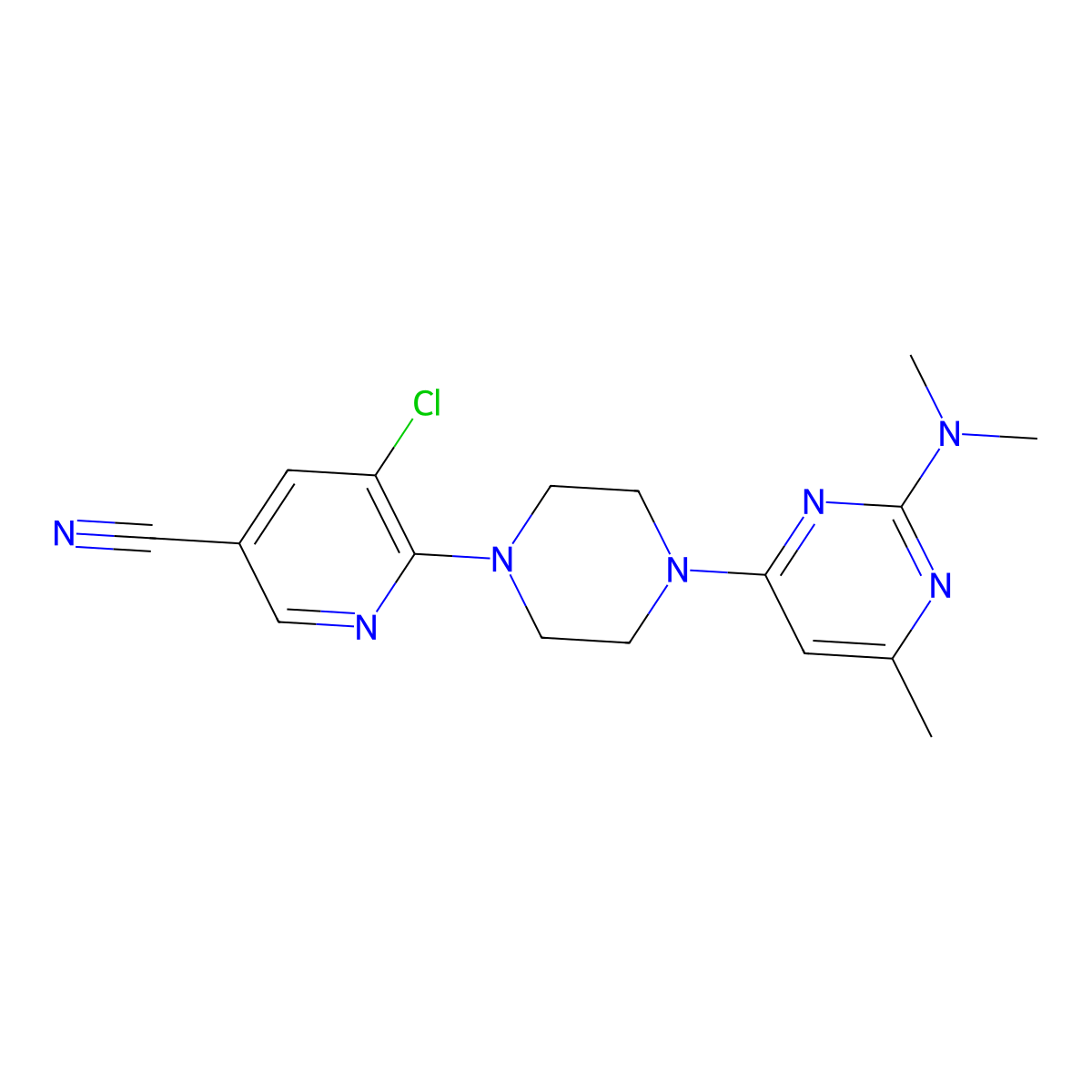 5-Chloro-6-{4-[2-(dimethylamino)-6-methylpyrimidin-4-yl]piperazin-1-yl}pyridine-3-carbonitrile molecular structure, CAS 2640845-93-6