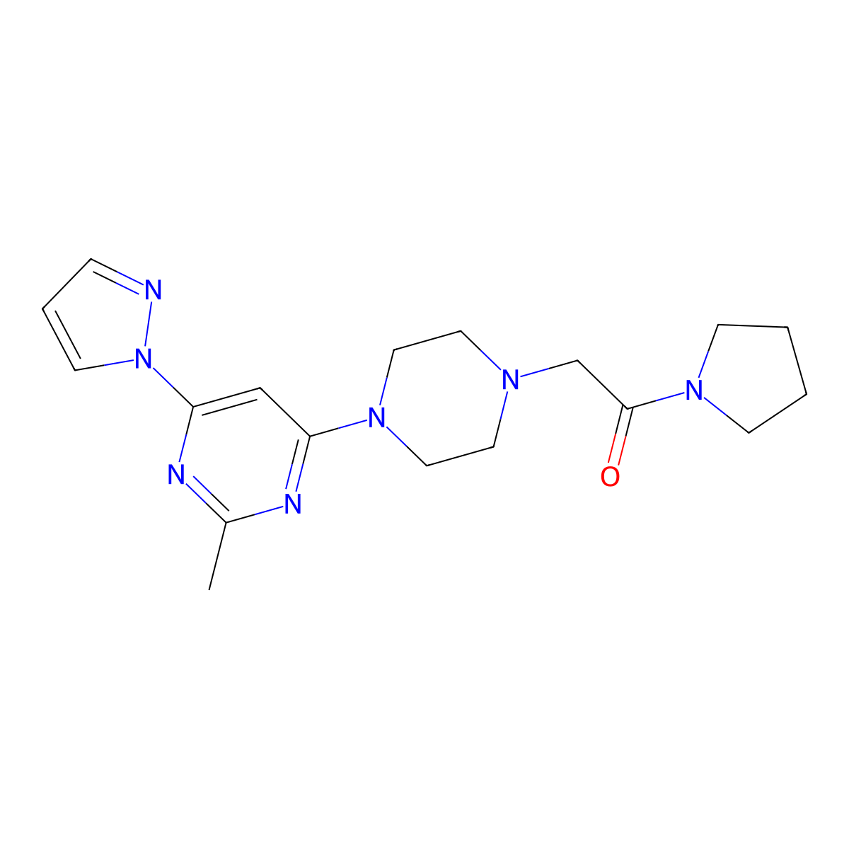2-{4-[2-methyl-6-(1H-pyrazol-1-yl)pyrimidin-4-yl]piperazin-1-yl}-1-(pyrrolidin-1-yl)ethan-1-one molecular structure, CAS 2640845-95-8