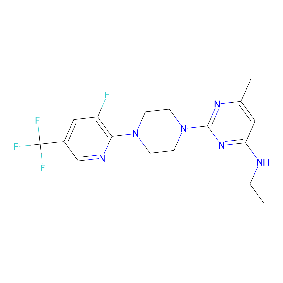 N-ethyl-2-{4-[3-fluoro-5-(trifluoromethyl)pyridin-2-yl]piperazin-1-yl}-6-methylpyrimidin-4-amine molecular structure, CAS 2640845-99-2