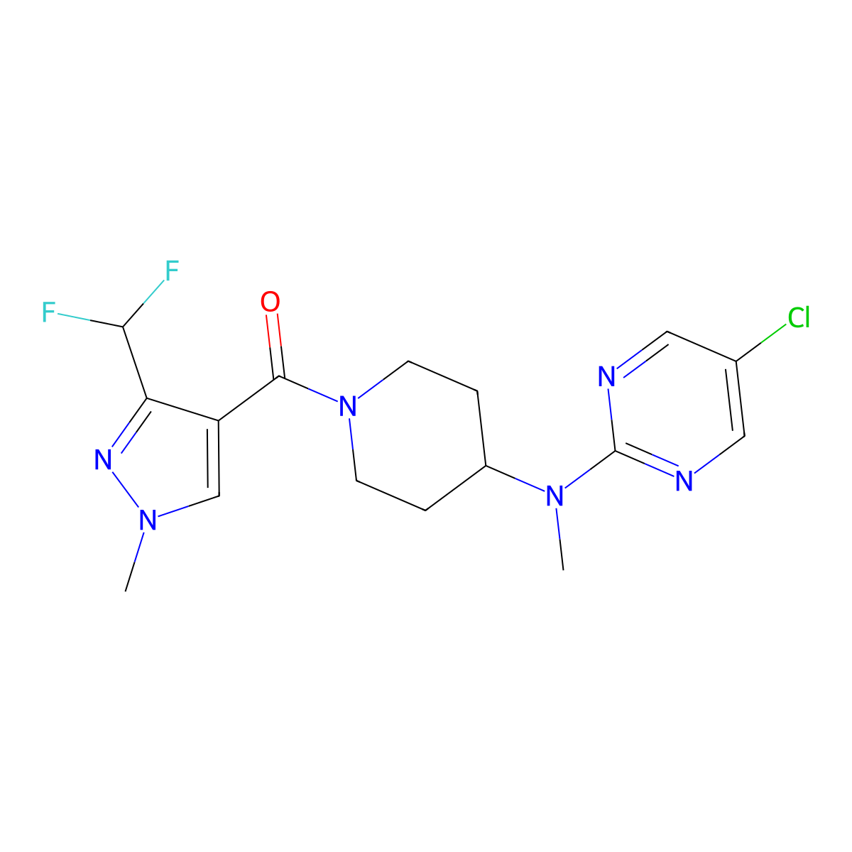 5-chloro-N-{1-[3-(difluoromethyl)-1-methyl-1H-pyrazole-4-carbonyl]piperidin-4-yl}-N-methylpyrimidin-2-amine molecular structure, CAS 2640846-06-4