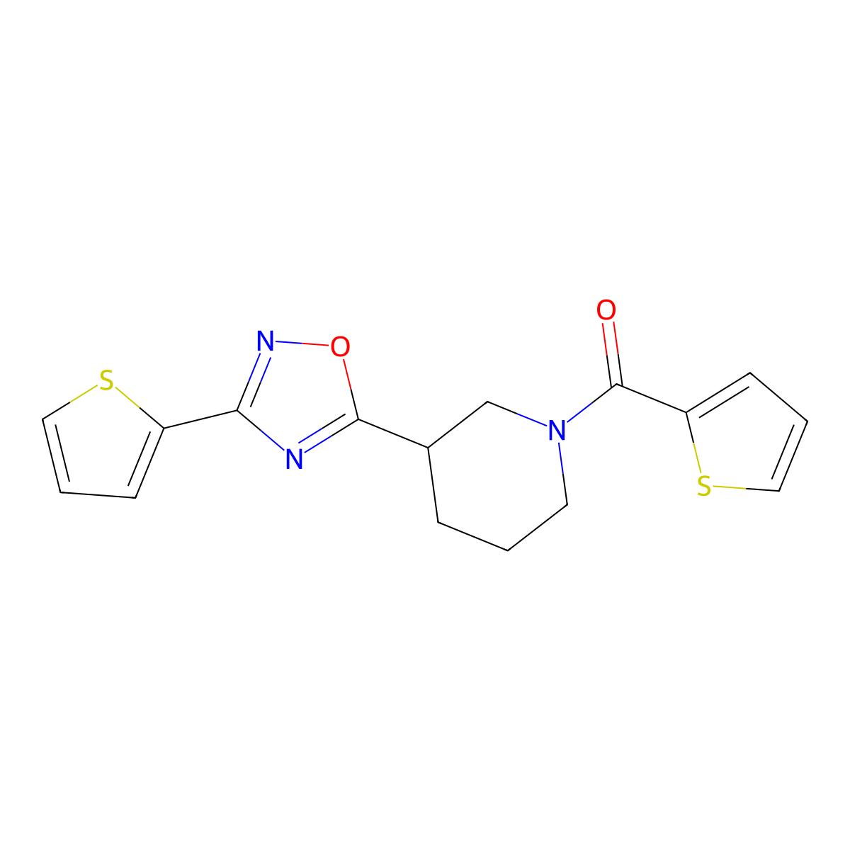 3-[3-(Thiophen-2-yl)-1,2,4-oxadiazol-5-yl]-1-(thiophene-2-carbonyl)piperidine molecular structure, CAS 2640846-08-6