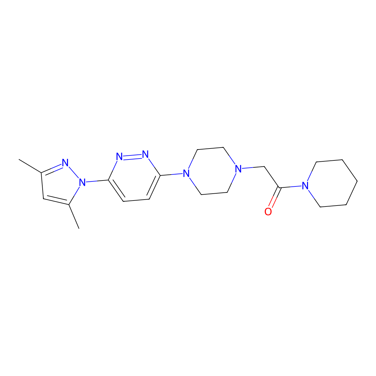 2-{4-[6-(3,5-dimethyl-1H-pyrazol-1-yl)pyridazin-3-yl]piperazin-1-yl}-1-(piperidin-1-yl)ethan-1-one molecular structure, CAS 2640846-09-7