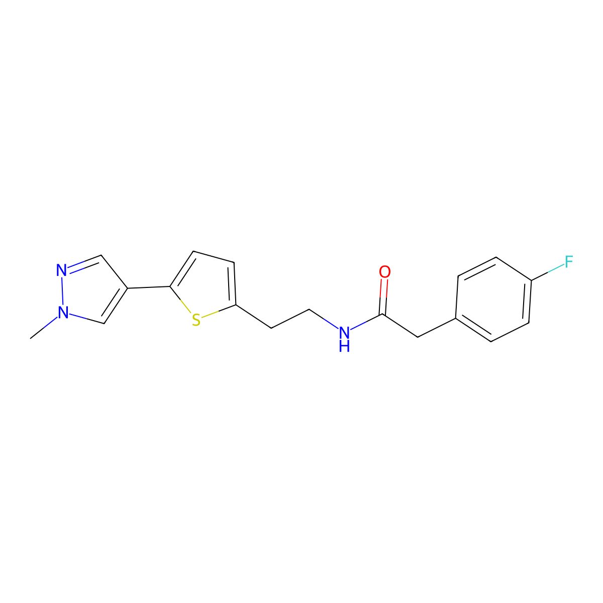2-(4-fluorophenyl)-N-{2-[5-(1-methyl-1H-pyrazol-4-yl)thiophen-2-yl]ethyl}acetamide molecular structure, CAS 2640846-10-0