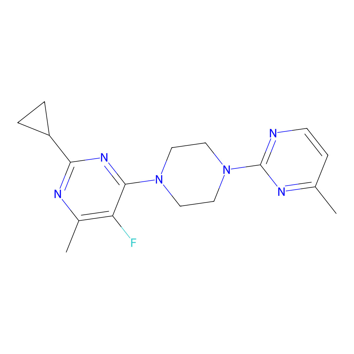 2-Cyclopropyl-5-fluoro-4-methyl-6-[4-(4-methylpyrimidin-2-yl)piperazin-1-yl]pyrimidine molecular structure, CAS 2640846-15-5