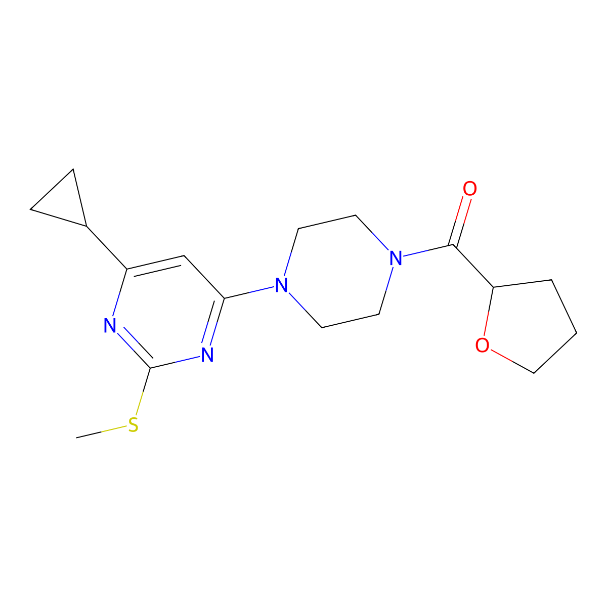 4-Cyclopropyl-2-(methylsulfanyl)-6-[4-(oxolane-2-carbonyl)piperazin-1-yl]pyrimidine molecular structure, CAS 2640846-19-9