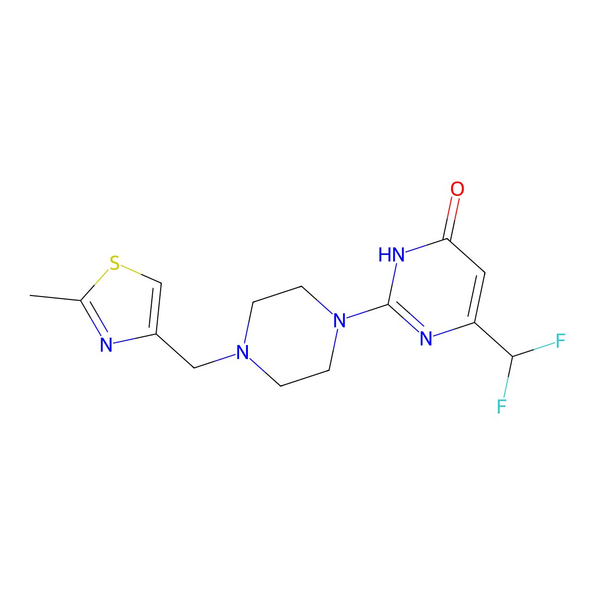 6-(Difluoromethyl)-2-{4-[(2-methyl-1,3-thiazol-4-yl)methyl]piperazin-1-yl}-3,4-dihydropyrimidin-4-one molecular structure, CAS 2640846-21-3