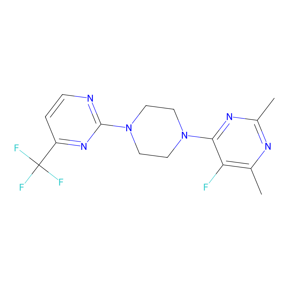 5-Fluoro-2,4-dimethyl-6-{4-[4-(trifluoromethyl)pyrimidin-2-yl]piperazin-1-yl}pyrimidine molecular structure, CAS 2640846-22-4