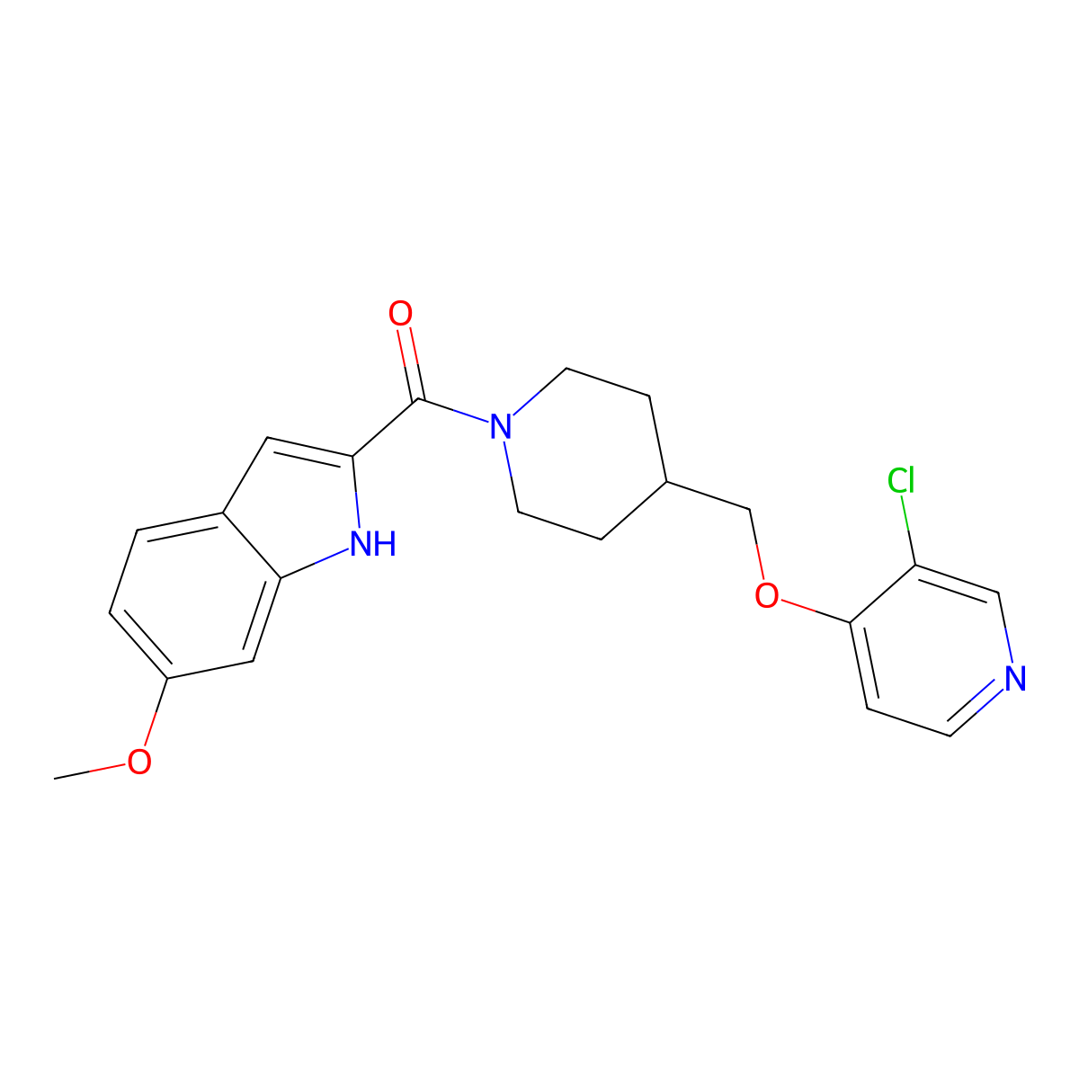 2-(4-{[(3-chloropyridin-4-yl)oxy]methyl}piperidine-1-carbonyl)-6-methoxy-1H-indole molecular structure, CAS 2640846-26-8