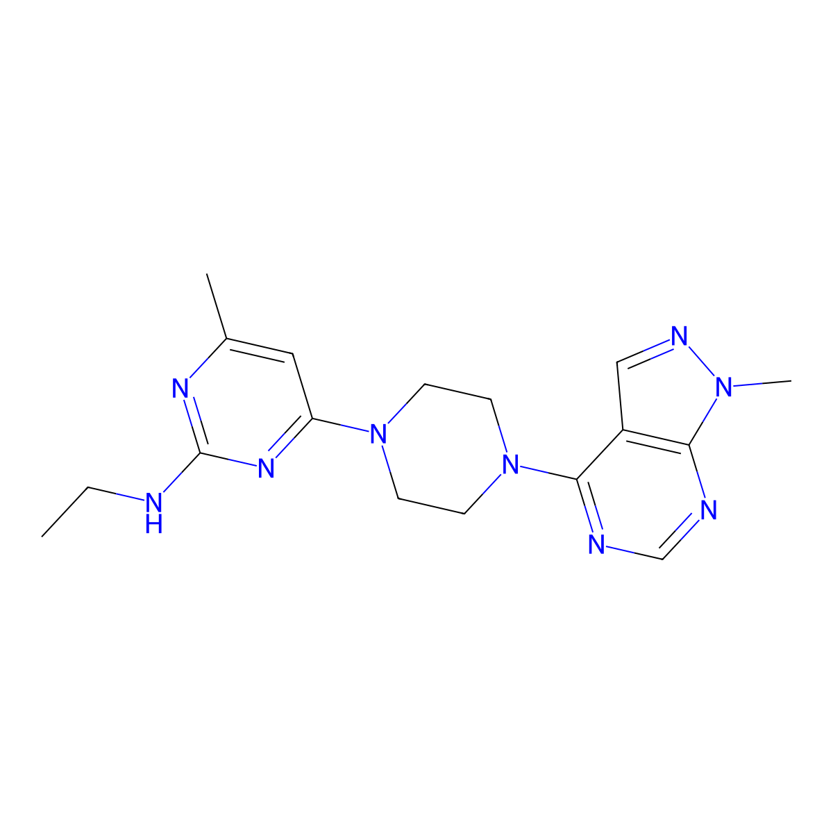 N-ethyl-4-methyl-6-(4-{1-methyl-1H-pyrazolo[3,4-d]pyrimidin-4-yl}piperazin-1-yl)pyrimidin-2-amine molecular structure, CAS 2640846-30-4