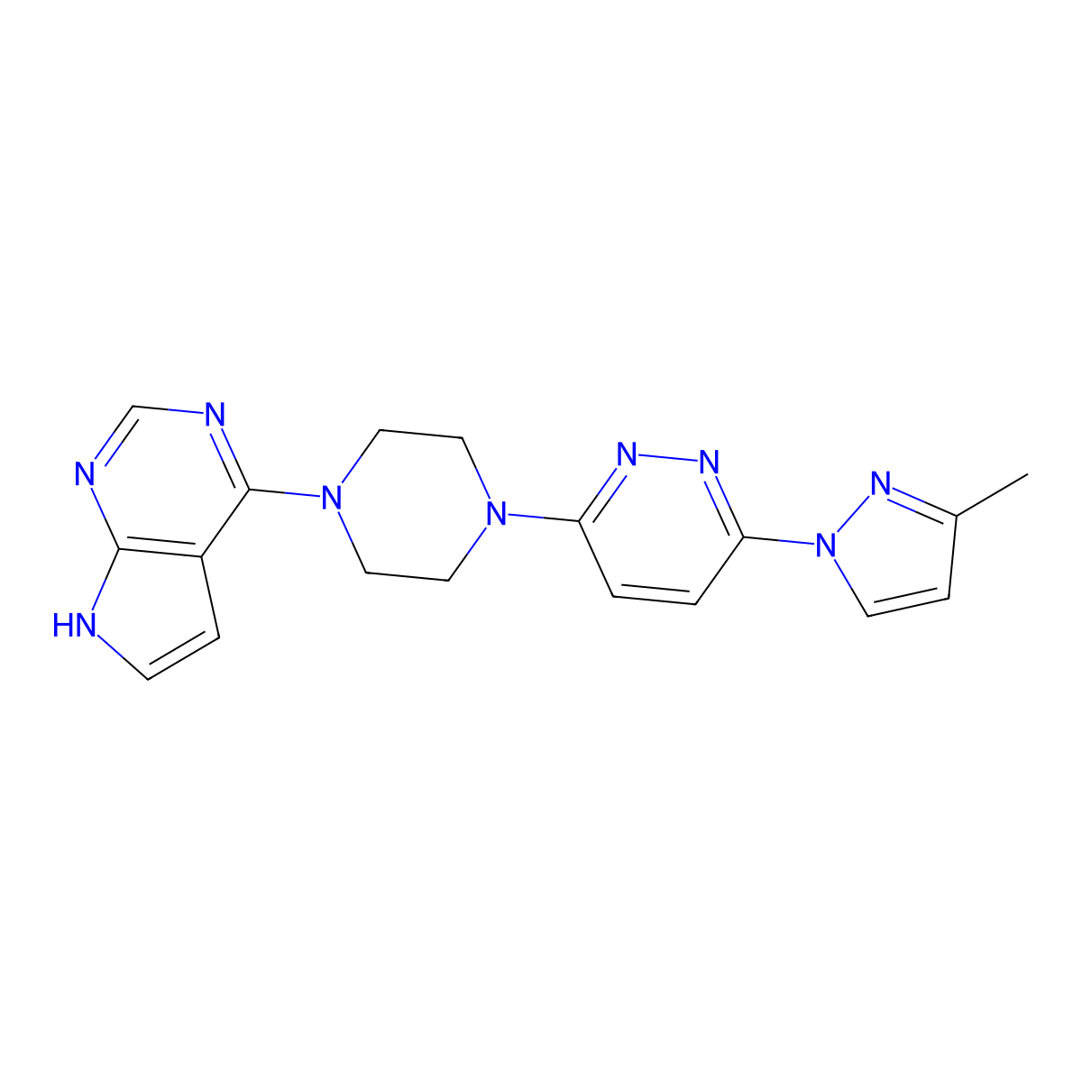 3-(3-methyl-1H-pyrazol-1-yl)-6-(4-{7H-pyrrolo[2,3-d]pyrimidin-4-yl}piperazin-1-yl)pyridazine molecular structure, CAS 2640846-32-6