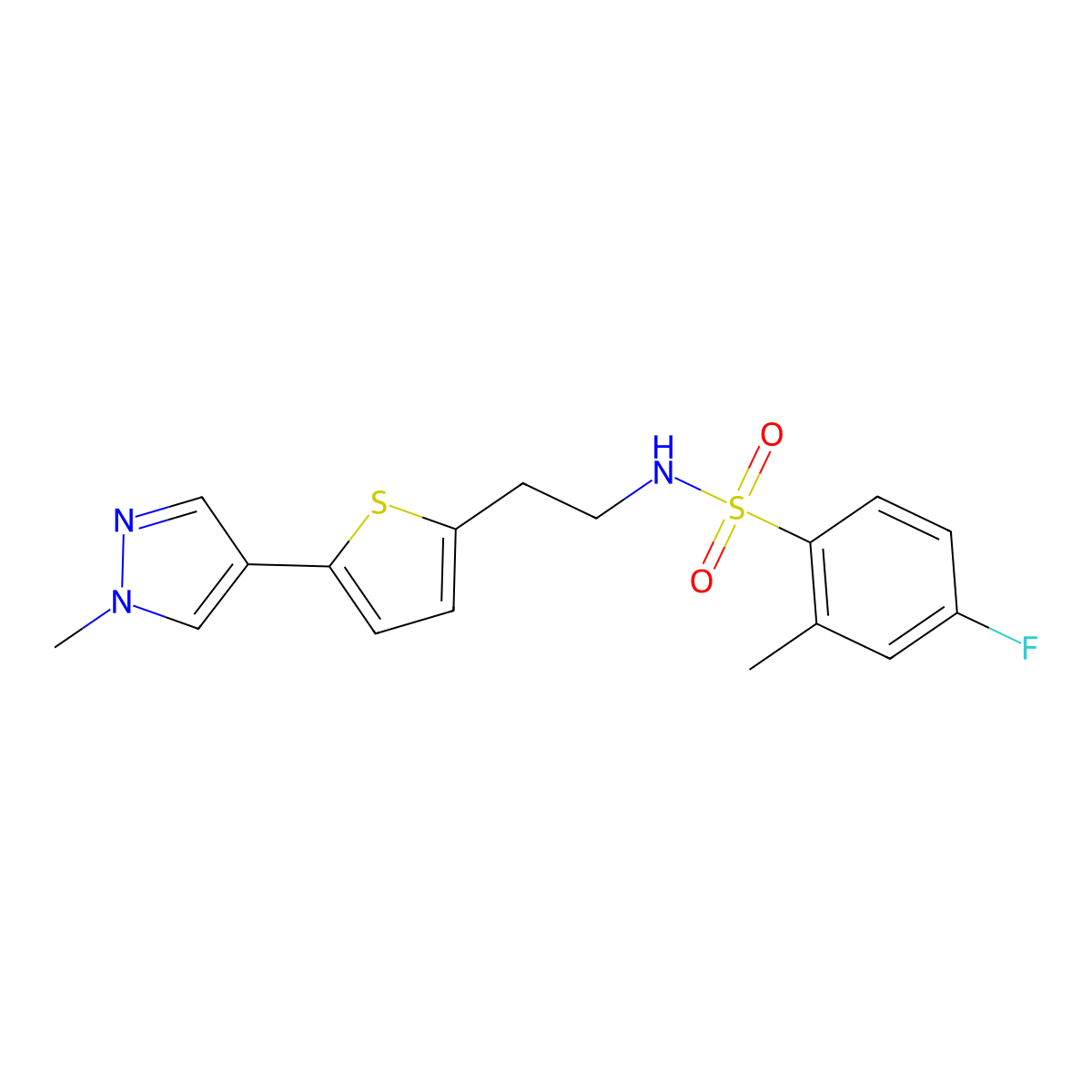 4-fluoro-2-methyl-N-{2-[5-(1-methyl-1H-pyrazol-4-yl)thiophen-2-yl]ethyl}benzene-1-sulfonamide molecular structure, CAS 2640846-37-1