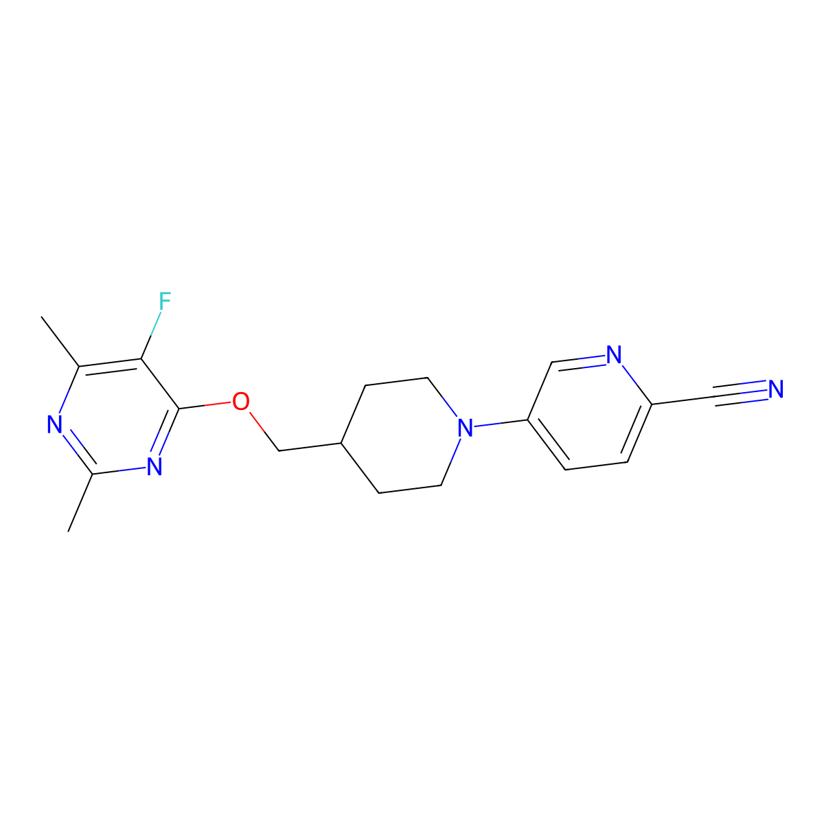 5-(4-{[(5-Fluoro-2,6-dimethylpyrimidin-4-yl)oxy]methyl}piperidin-1-yl)pyridine-2-carbonitrile molecular structure, CAS 2640846-45-1