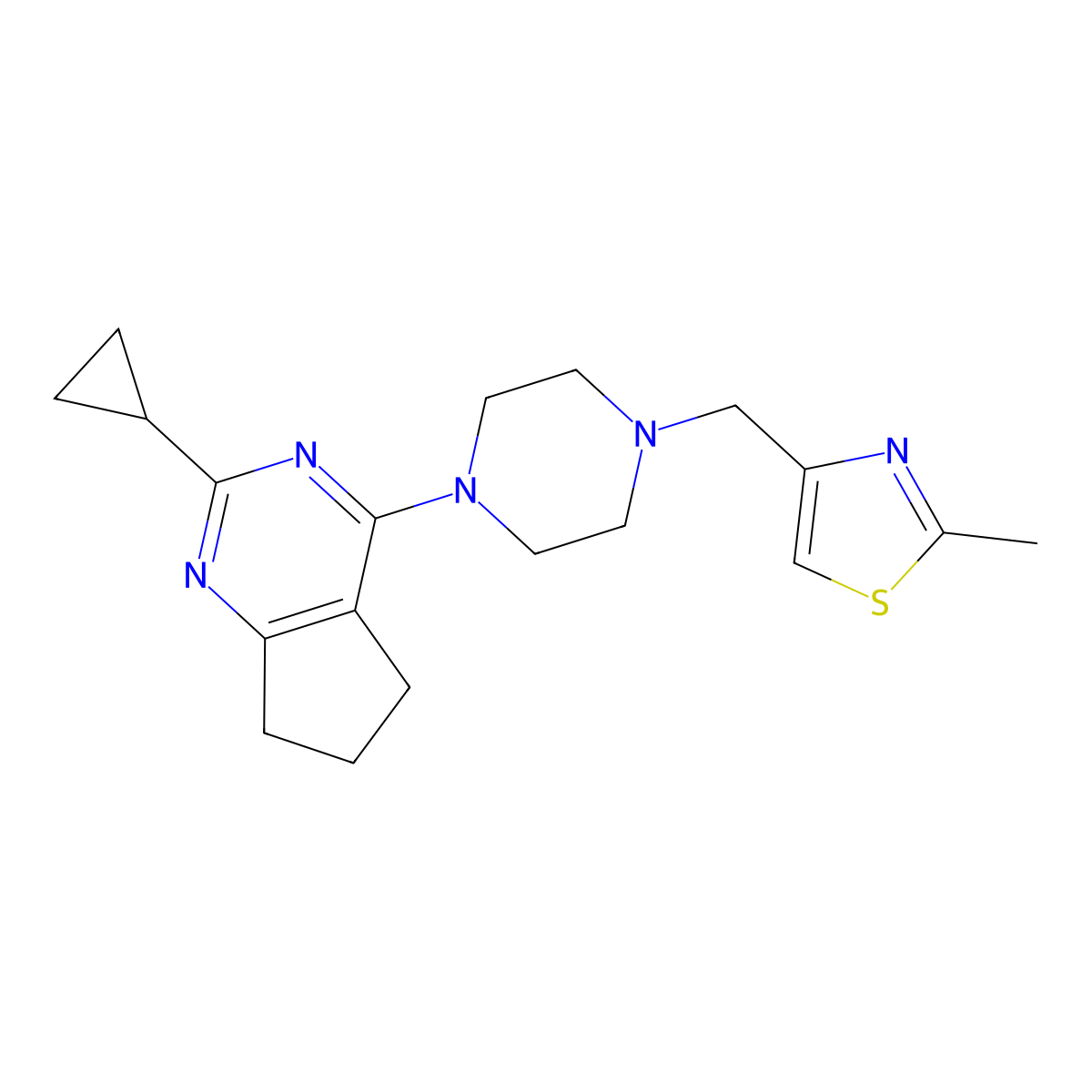 1-{2-cyclopropyl-5H,6H,7H-cyclopenta[d]pyrimidin-4-yl}-4-[(2-methyl-1,3-thiazol-4-yl)methyl]piperazine molecular structure, CAS 2640846-56-4