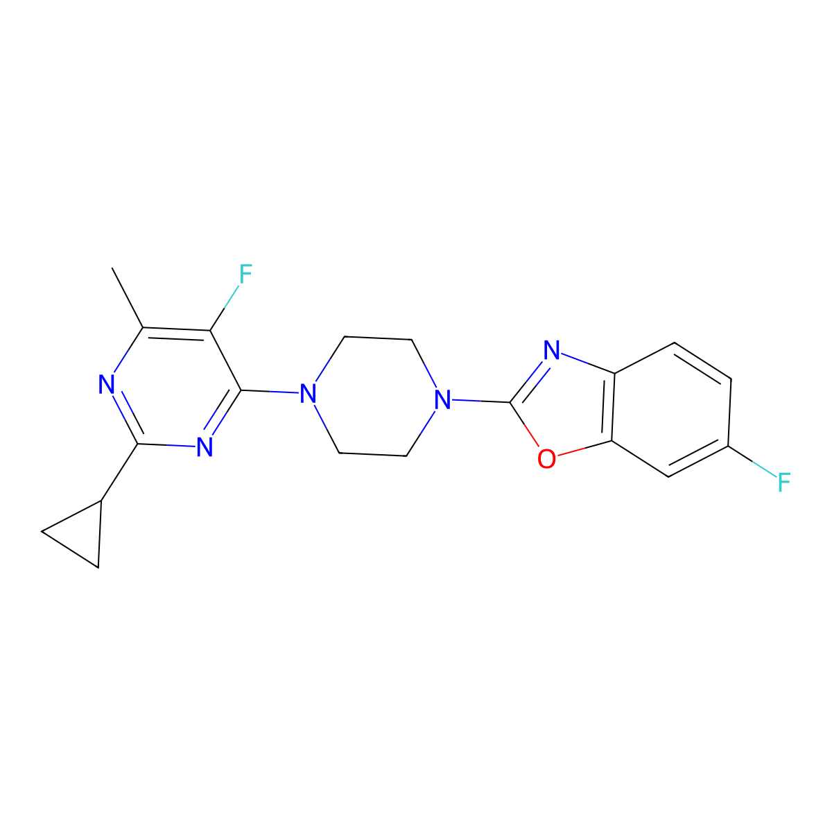 2-[4-(2-Cyclopropyl-5-fluoro-6-methylpyrimidin-4-yl)piperazin-1-yl]-6-fluoro-1,3-benzoxazole molecular structure, CAS 2640846-66-6