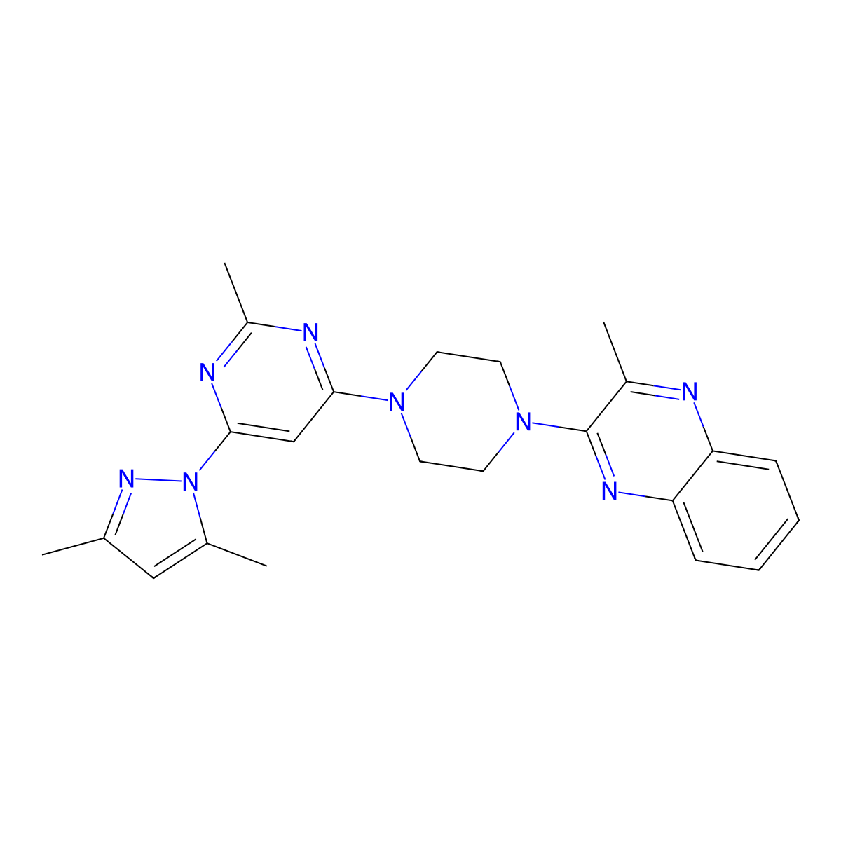 2-{4-[6-(3,5-dimethyl-1H-pyrazol-1-yl)-2-methylpyrimidin-4-yl]piperazin-1-yl}-3-methylquinoxaline molecular structure, CAS 2640846-69-9