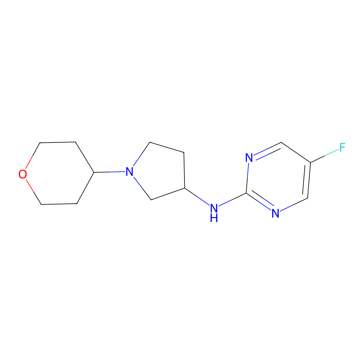 5-fluoro-N-[1-(oxan-4-yl)pyrrolidin-3-yl]pyrimidin-2-amine molecular structure, CAS 2640846-81-5