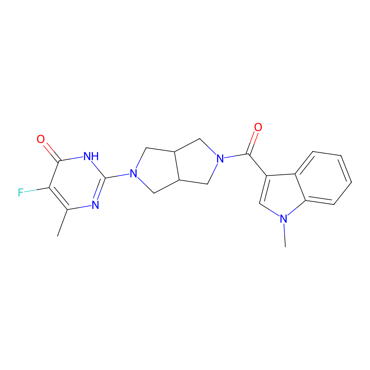 5-fluoro-6-methyl-2-[5-(1-methyl-1H-indole-3-carbonyl)-octahydropyrrolo[3,4-c]pyrrol-2-yl]-3,4-dihydropyrimidin-4-one molecular structure, CAS 2640846-82-6