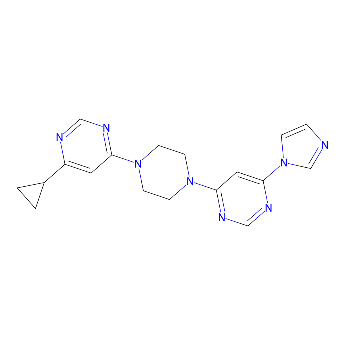 4-[4-(6-cyclopropylpyrimidin-4-yl)piperazin-1-yl]-6-(1H-imidazol-1-yl)pyrimidine molecular structure, CAS 2640846-83-7