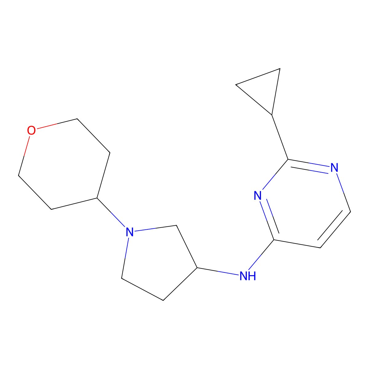 2-cyclopropyl-N-[1-(oxan-4-yl)pyrrolidin-3-yl]pyrimidin-4-amine molecular structure, CAS 2640846-89-3