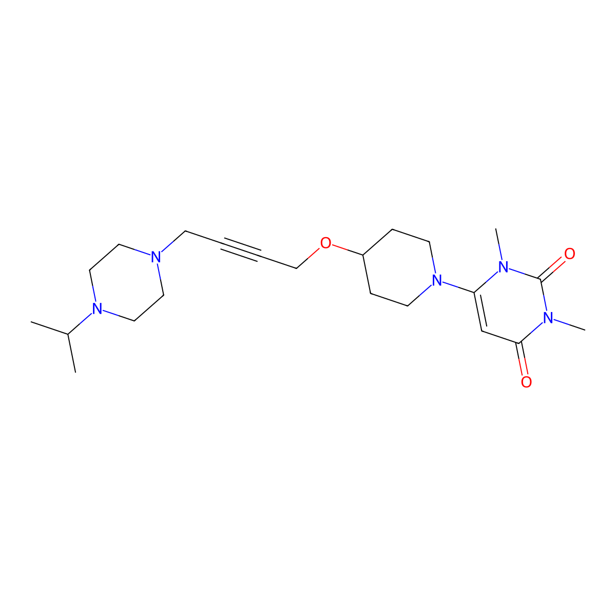 1,3-Dimethyl-6-[4-({4-[4-(propan-2-yl)piperazin-1-yl]but-2-yn-1-yl}oxy)piperidin-1-yl]-1,2,3,4-tetrahydropyrimidine-2,4-dione molecular structure, CAS 2640846-98-4