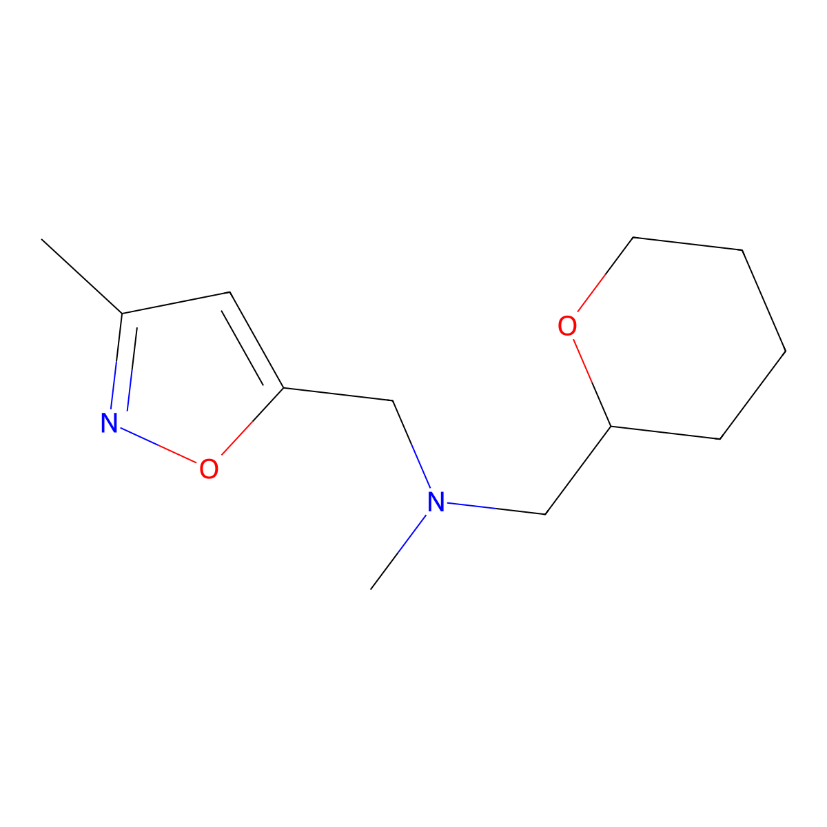Methyl[(3-methyl-1,2-oxazol-5-yl)methyl][(oxan-2-yl)methyl]amine molecular structure, CAS 2640846-99-5