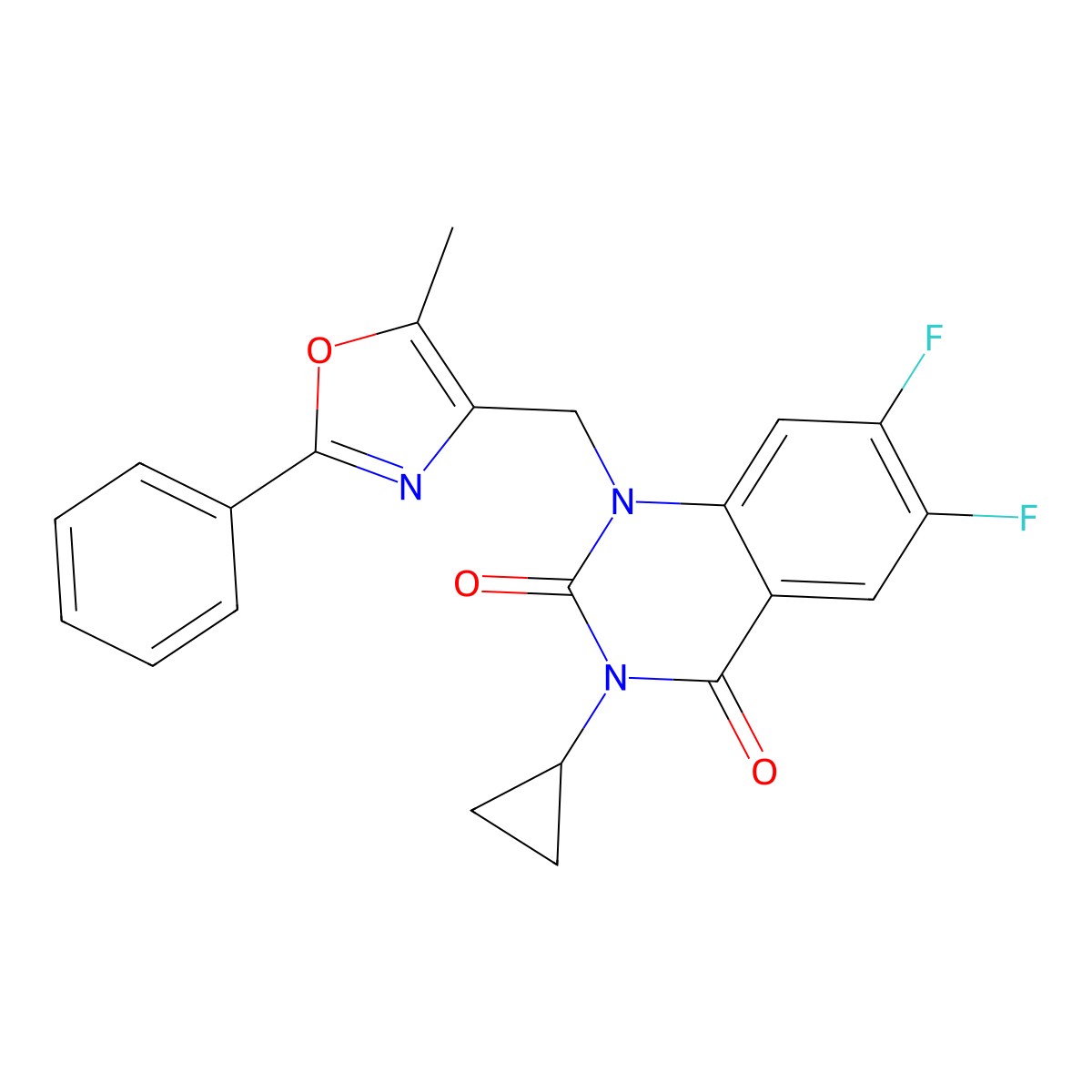 3-Cyclopropyl-6,7-difluoro-1-[(5-methyl-2-phenyl-1,3-oxazol-4-yl)methyl]-1,2,3,4-tetrahydroquinazoline-2,4-dione molecular structure, CAS 2640847-04-5