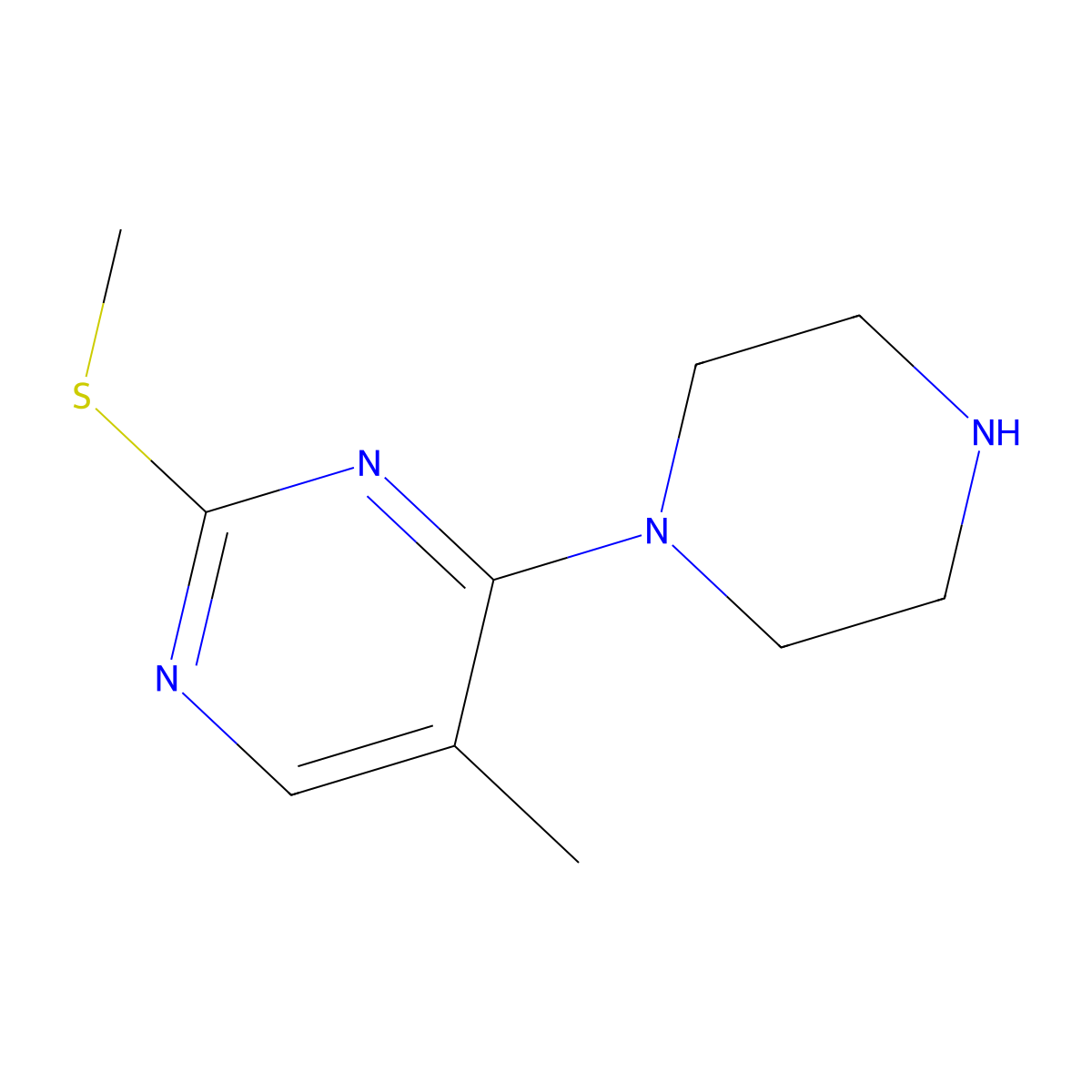 5-Methyl-2-(methylsulfanyl)-4-(piperazin-1-yl)pyrimidine molecular structure, CAS 2640847-05-6