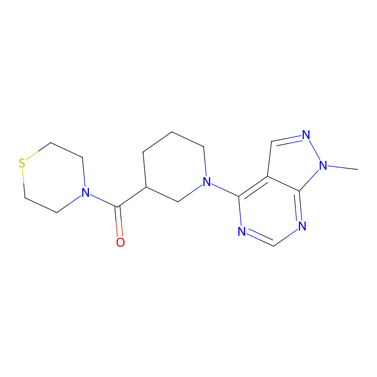 4-(1-{1-methyl-1H-pyrazolo[3,4-d]pyrimidin-4-yl}piperidine-3-carbonyl)thiomorpholine molecular structure, CAS 2640860-98-4