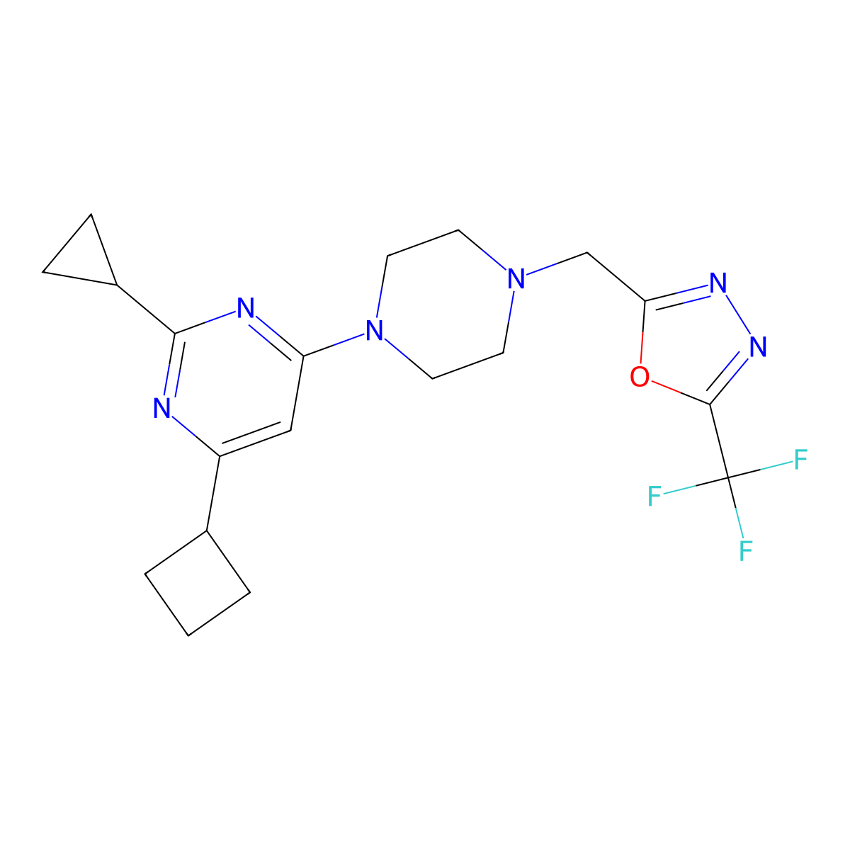 4-Cyclobutyl-2-cyclopropyl-6-(4-{[5-(trifluoromethyl)-1,3,4-oxadiazol-2-yl]methyl}piperazin-1-yl)pyrimidine molecular structure, CAS 2640860-99-5