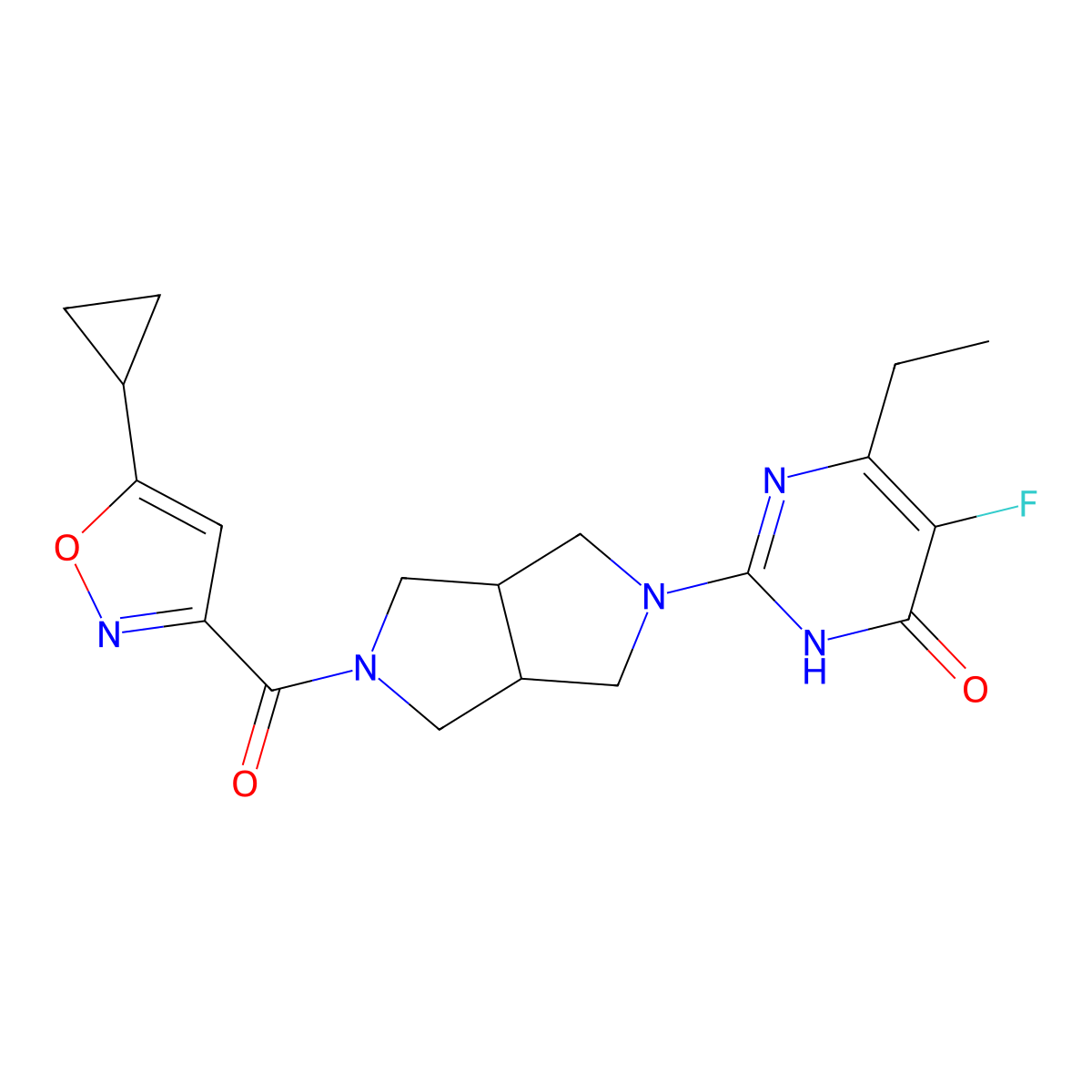 2-[5-(5-Cyclopropyl-1,2-oxazole-3-carbonyl)-octahydropyrrolo[3,4-c]pyrrol-2-yl]-6-ethyl-5-fluoro-3,4-dihydropyrimidin-4-one molecular structure, CAS 2640861-01-2