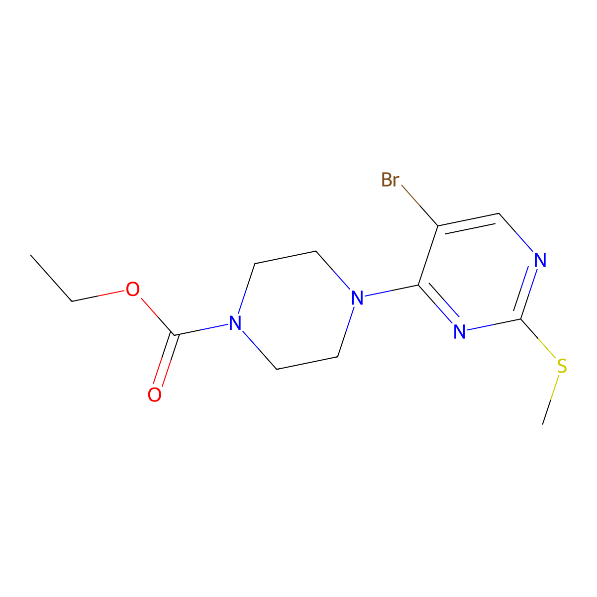 Ethyl 4-[5-bromo-2-(methylsulfanyl)pyrimidin-4-yl]piperazine-1-carboxylate molecular structure, CAS 2640861-02-3