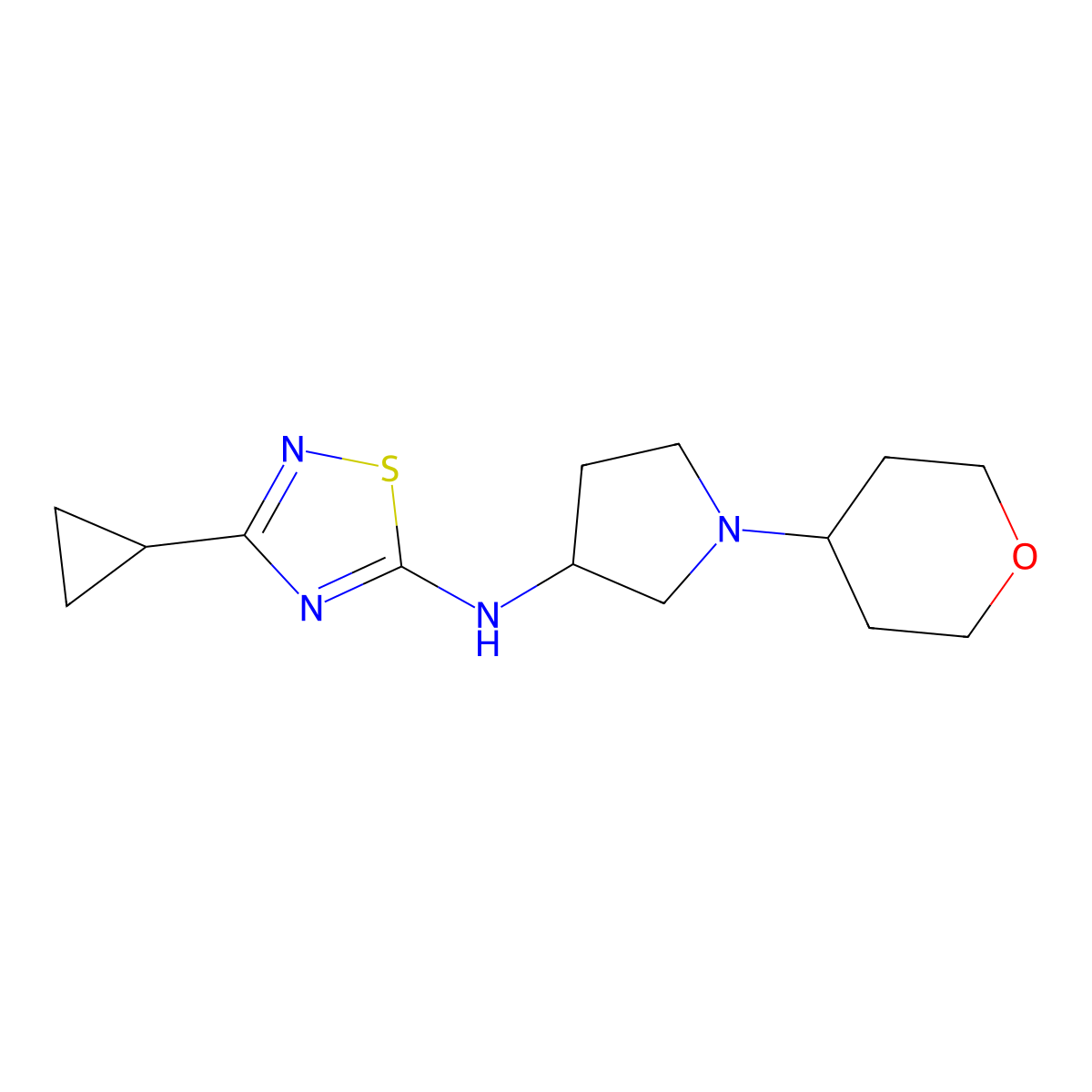 3-cyclopropyl-N-[1-(oxan-4-yl)pyrrolidin-3-yl]-1,2,4-thiadiazol-5-amine molecular structure, CAS 2640861-05-6