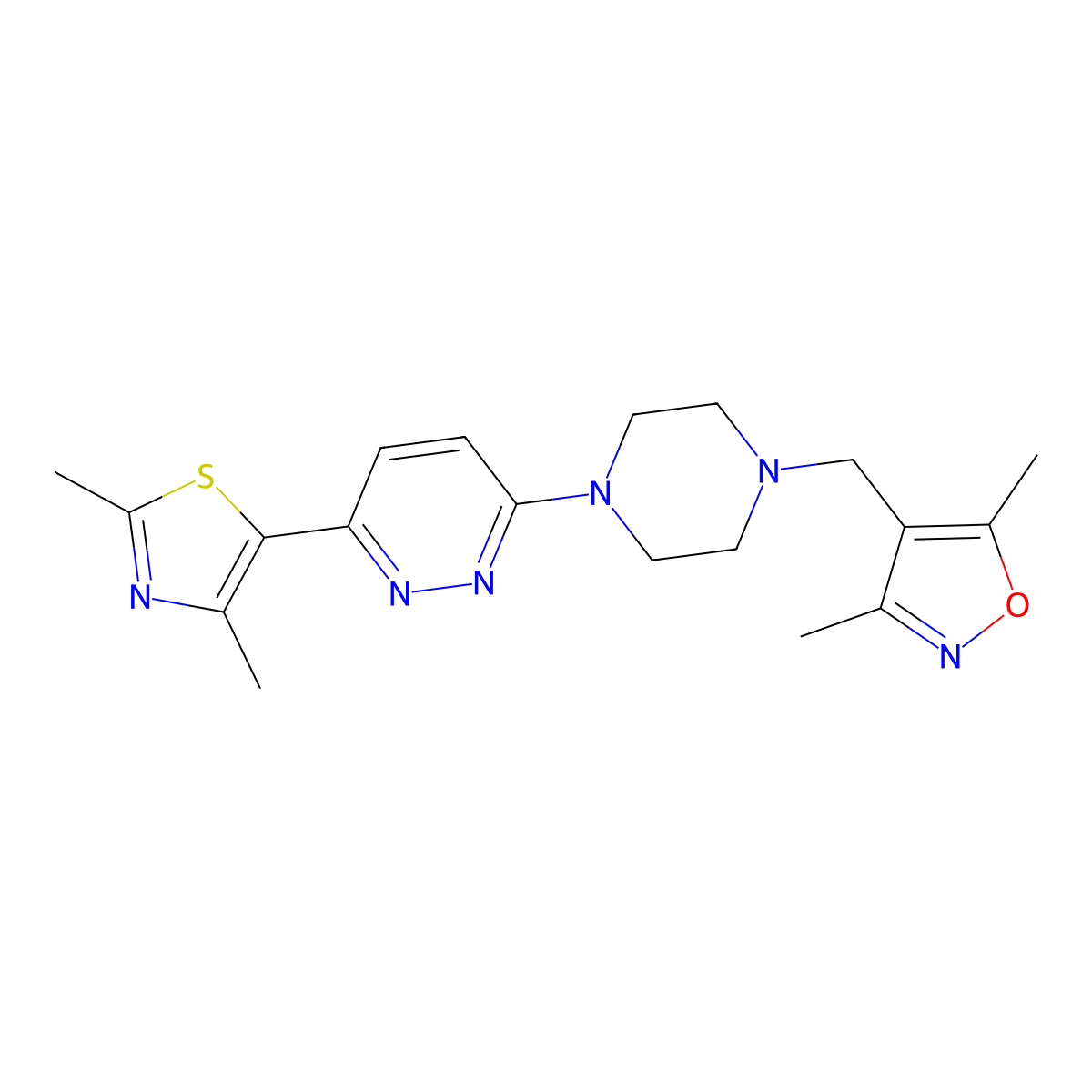 3-{4-[(3,5-Dimethyl-1,2-oxazol-4-yl)methyl]piperazin-1-yl}-6-(2,4-dimethyl-1,3-thiazol-5-yl)pyridazine molecular structure, CAS 2640861-12-5
