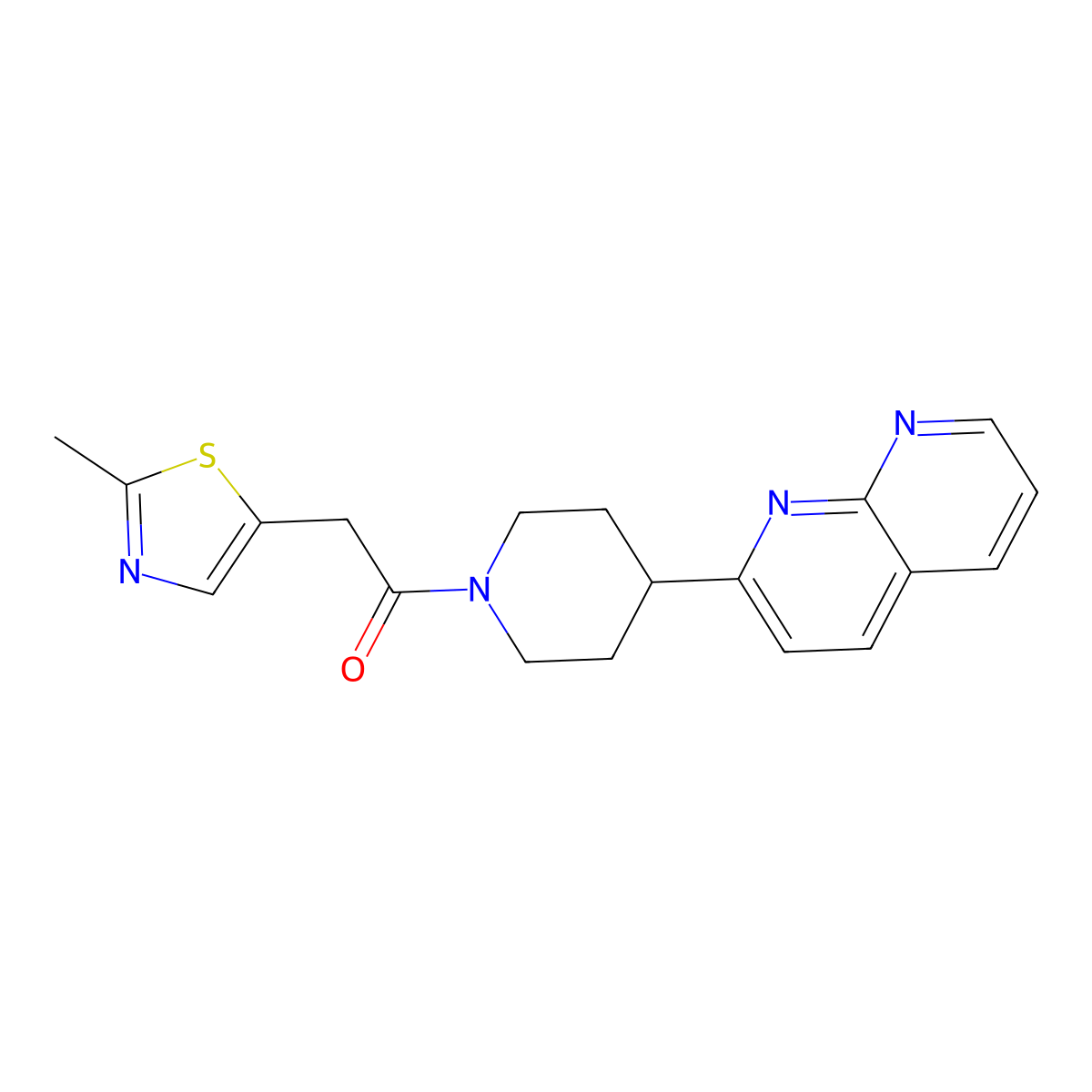 2-(2-Methyl-1,3-thiazol-5-yl)-1-[4-(1,8-naphthyridin-2-yl)piperidin-1-yl]ethan-1-one molecular structure, CAS 2640861-13-6