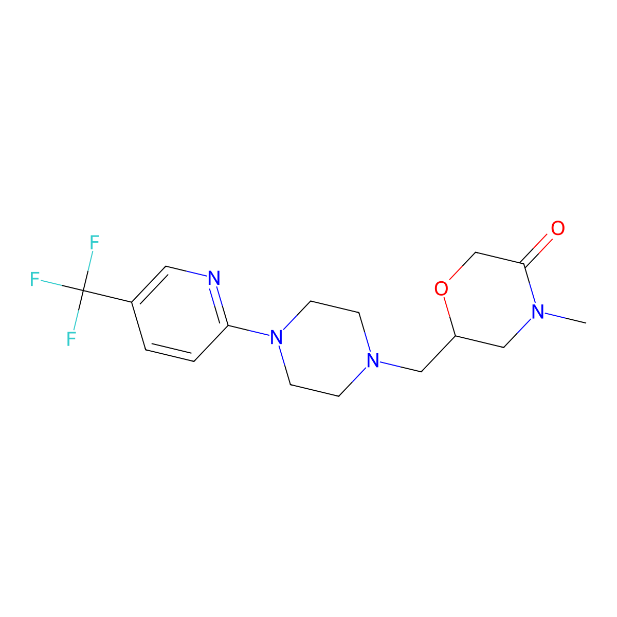 4-Methyl-6-({4-[5-(trifluoromethyl)pyridin-2-yl]piperazin-1-yl}methyl)morpholin-3-one molecular structure, CAS 2640861-15-8