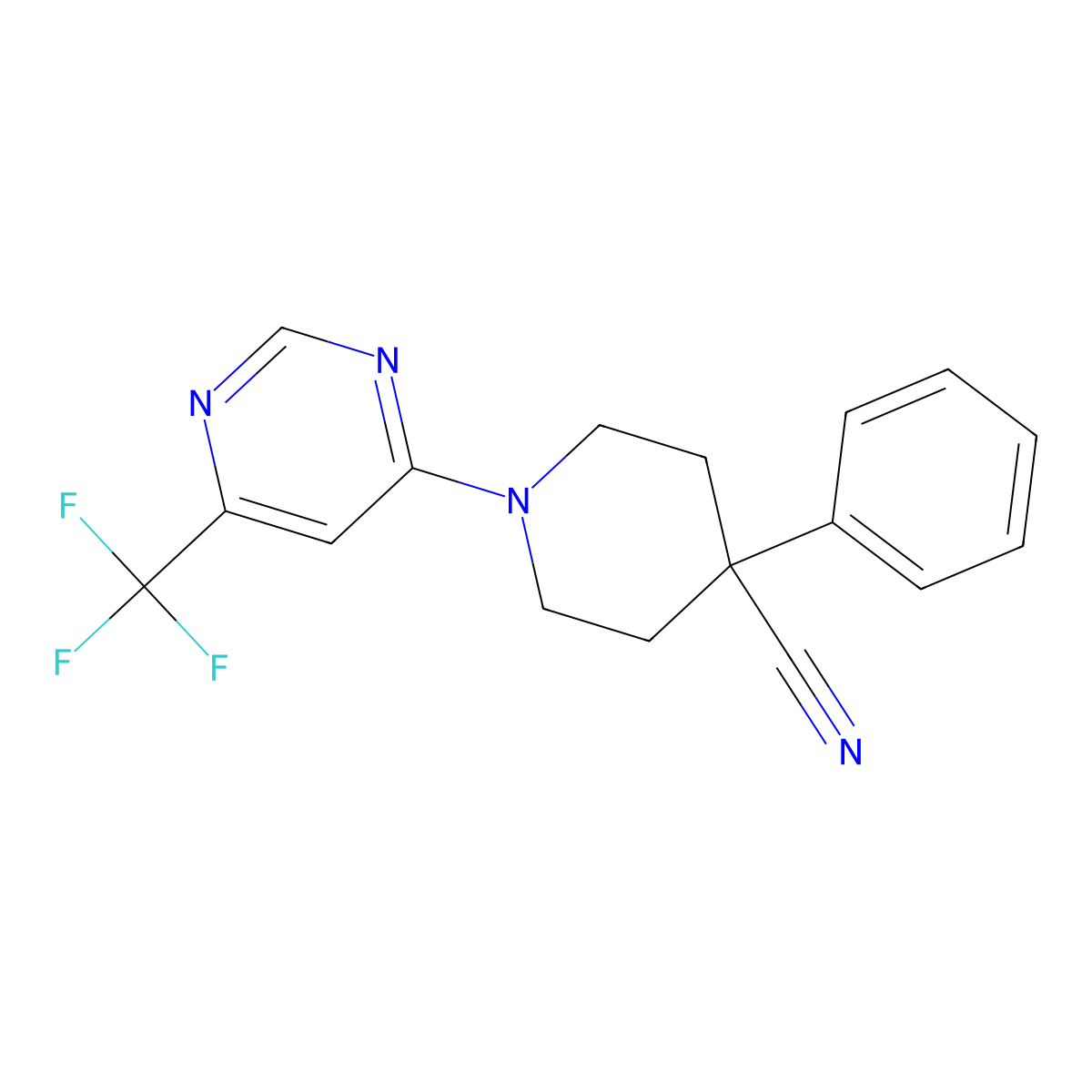 4-Phenyl-1-[6-(trifluoromethyl)pyrimidin-4-yl]piperidine-4-carbonitrile molecular structure, CAS 2640861-28-3